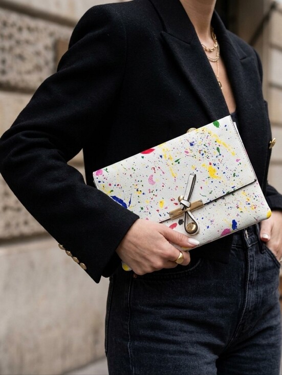 Handpainted Handbags - White Multicolor 80-90s Paint-Splatter Clutch with Gold Hardware
